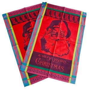 Set of 2 Williams Sonoma Christmas tea towels Santa colorful jewel tones
